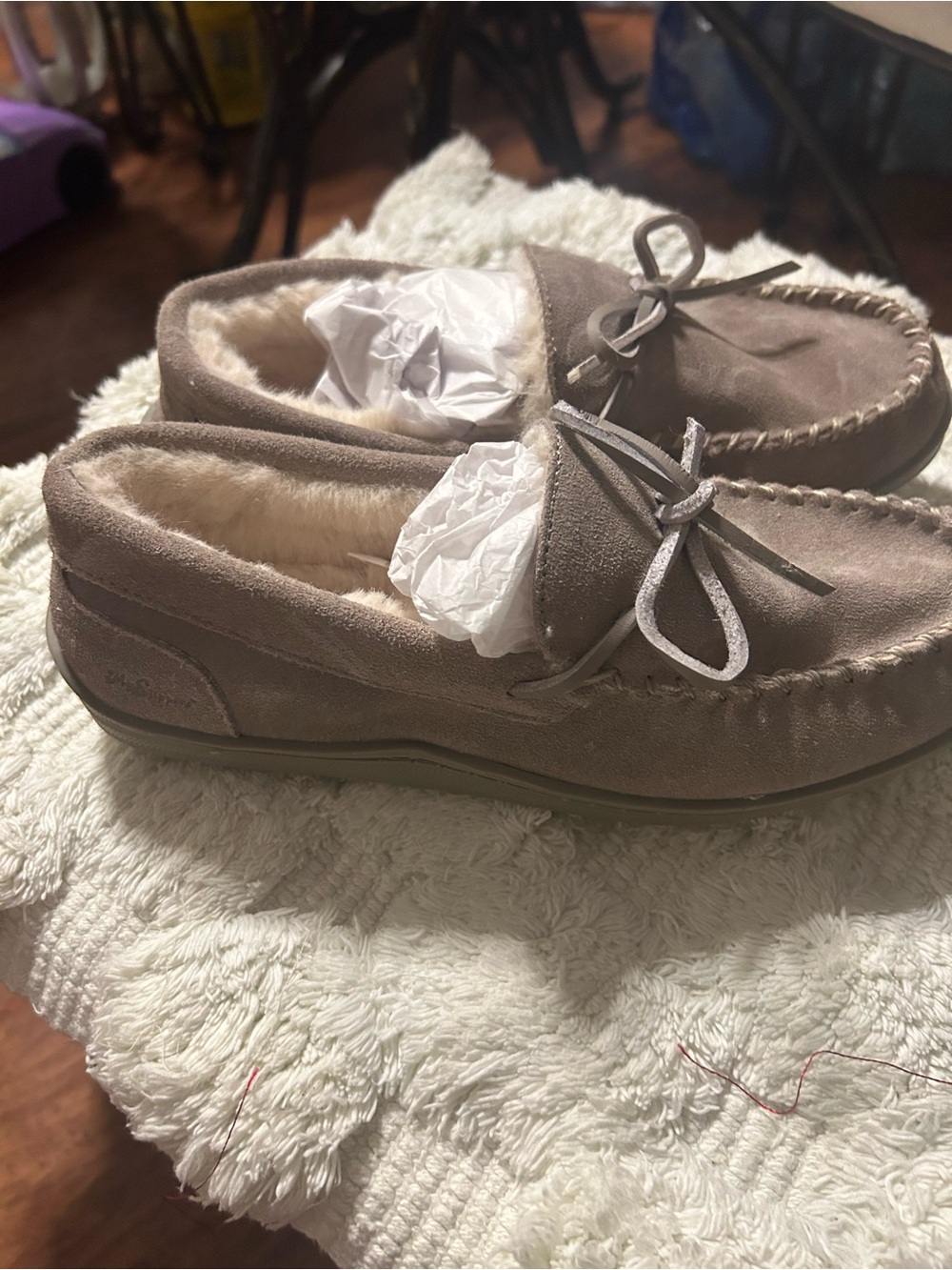 Plush-Lined Taupe Moccasin Slippers with Bowl